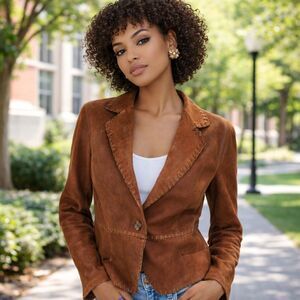 ANDREW MARC Whipstitch trim Rust Leather Blazer one button jacket Cognac Large